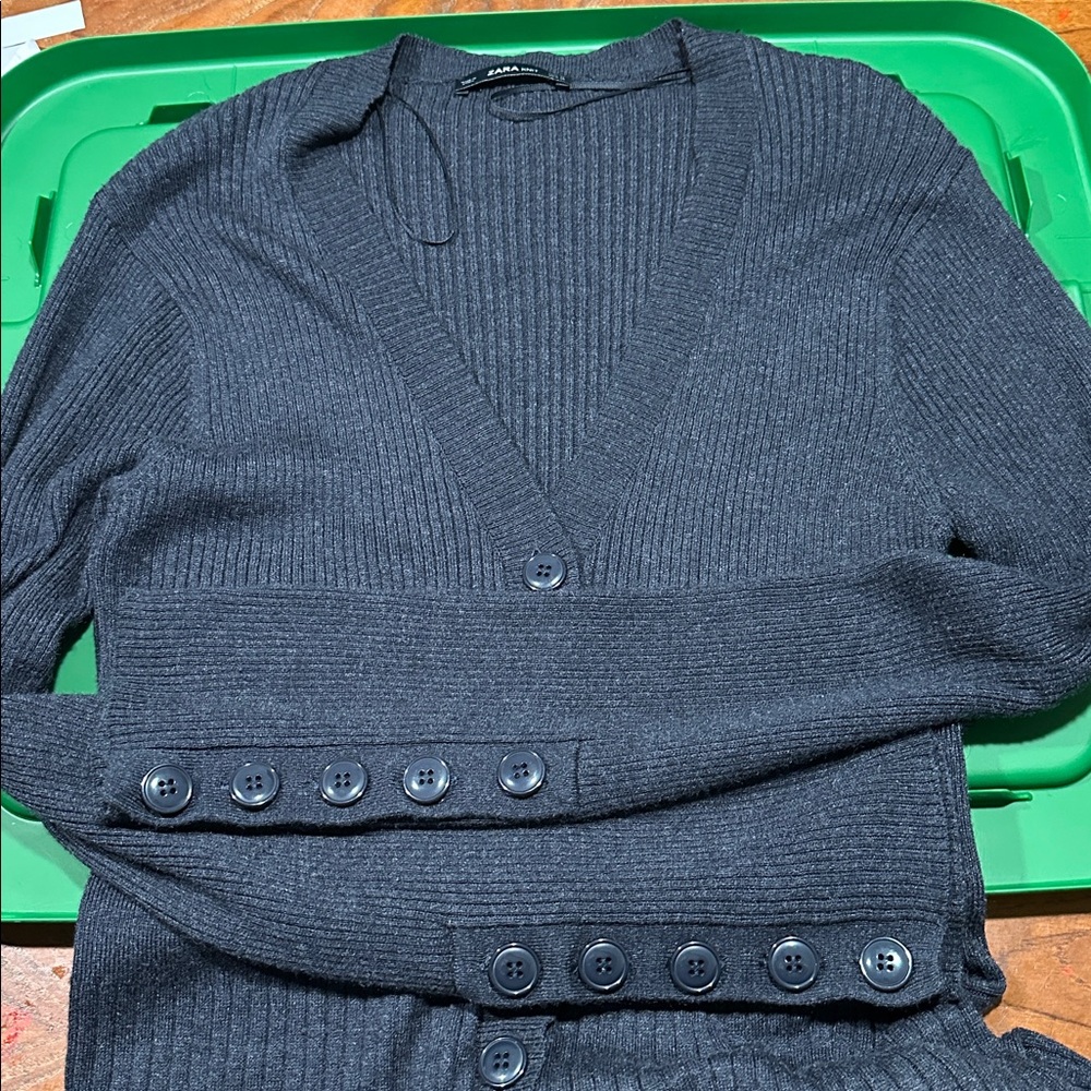 Zara Knit Women Blue Gray Ribbed Button‎ Down V-Neck Long Sleeve Dress Size M